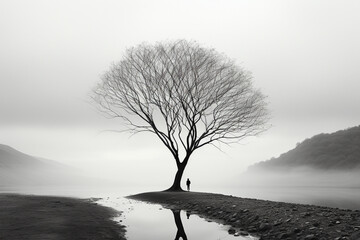 A simple and elegant black and white photograph featuring a tree in a minimalist style. Ai generated