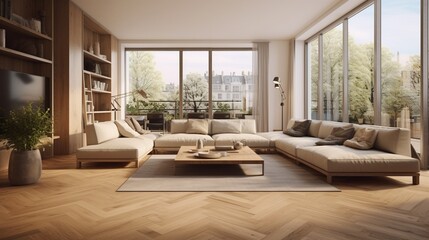 Fototapeta na wymiar Spacious family room with wooden parquet and big windows 8k,