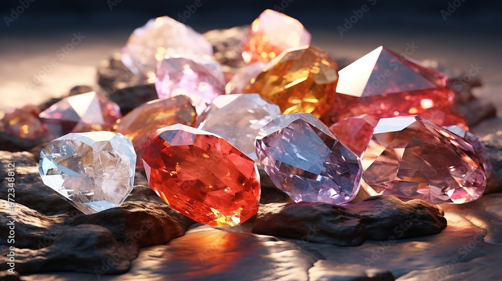 Poster photorealistic renderings of precious gems and minerals, each facet and impurity displayed in crysta