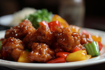 A delectable sweet and sour pork dish beautifully captured in this product photography. Ai generated
