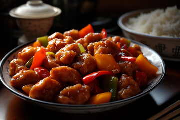 A delectable sweet and sour pork dish beautifully captured in this product photography. Ai generated