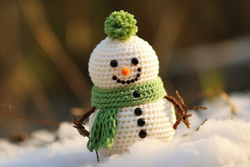 crocheted cute snowman in the snow - obrazy, fototapety, plakaty