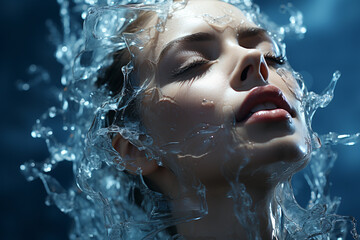 Refresh your skin with a splash of icy water, a perfect concept for youthful, revitalized woman face beauty or treatment concept. Ai generated
