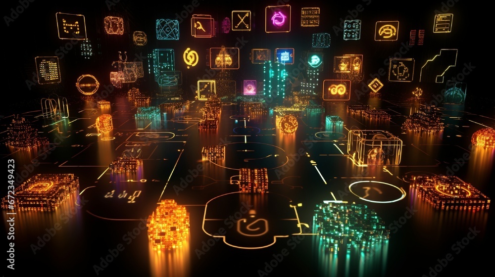 Poster symbols denoting various programming languages, stylized and luminous.
