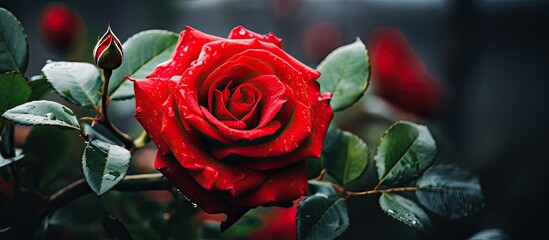 A scarlet rose blooms among lush green foliage creating a vibrant floral display against a flowering flower backdrop in the summertime