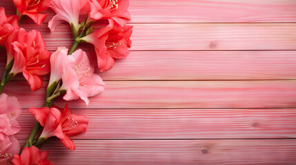  a bunch of pink flowers on a pink wooden background with space for text.  generative ai