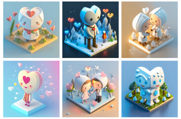 A set of AI generated isometric cartoon characters in a cheerful and loving mood. Concept of love and strong positivity. Style of a winter wonderland.