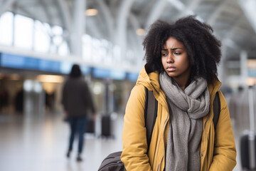 Black woman sad because she missed her flight at the airport