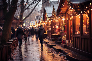 Fototapeta na wymiar Quaint and adorable Christmas market at night. Christmas concept. Generative AI