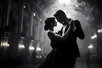 The elegance of a classic black-and-white ballroom dance.
