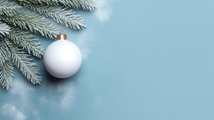Fototapeta na wymiar Silver Christmas baubles delicately hanging among frost-kissed spruce branches and pinecones, set against a soft blue background scattered with snowflakes.