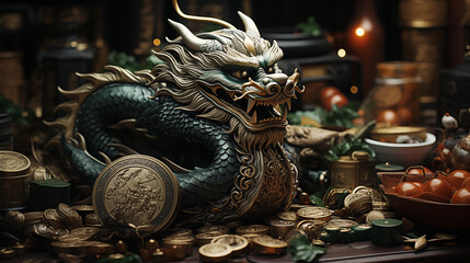 Green Dragon Guardian: A powerful green dragon standing guard over a treasure trove, signifying the protective energy of the New Year 2024 - obrazy, fototapety, plakaty