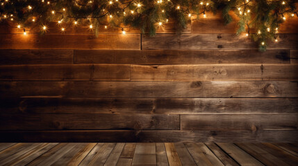 Christmas rustic background - vintage planked wood with lights and free text space