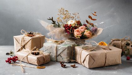 Zero waste holiday gifts wrapped in plastic free paper with dried floral decor on gray background