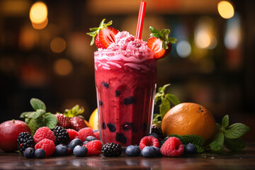 Berry smoothie with fresh fruits on a wooden table