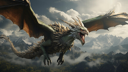 Dragon's Flight: An epic portrayal of a green dragon taking flight over a breathtaking landscape, representing the boundless opportunities of the New Year 2024