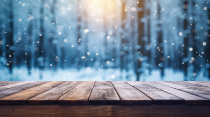 Wooden empty table top on blurred background of winter and christmas trees