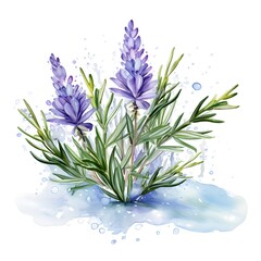 Watercolor illustration. Kitchen spices. Rosemary sprigs and flowers.