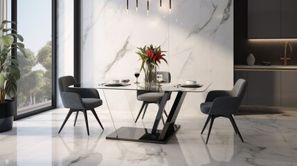 Stylish dining room with marble tiles on wall and floor and big, modern glass table with two chairs 8k,