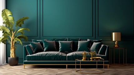 Stylish emerald green and golden poster above comfortable king size bed with headboard and pillows in dark green bedroom 8k,