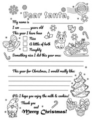 Coloring page Letter to Santa. For print. Christmas wish list. Template for children
