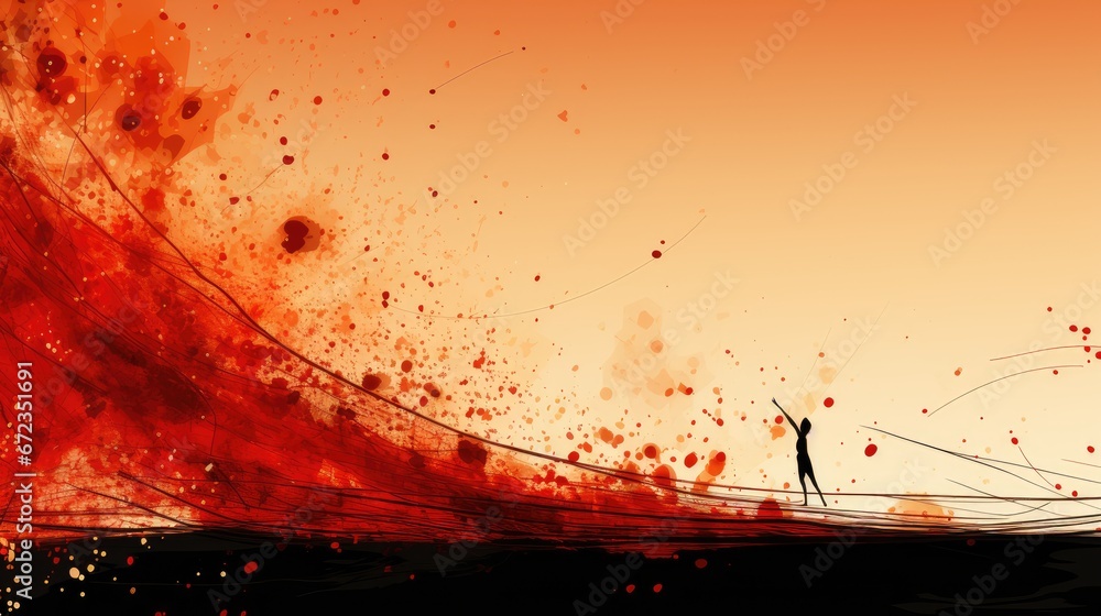 Poster a man standing on top of a wave in front of a red and orange sky with a person standing on top of it