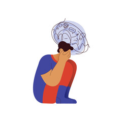 Mental disorders illustration. Frustrated man with nervous problem feel anxiety and confusion of thoughts, closing face with palms in despair. Vector flat illustration