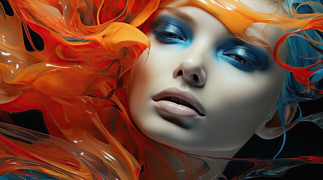  a close up of a woman's face with orange and blue makeup and hair blowing in the wind on a black background.  generative ai
