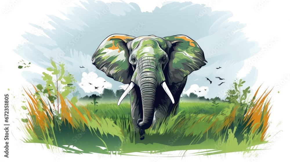 Poster a drawing of an elephant walking through a field of tall grass and grass with birds flying around in