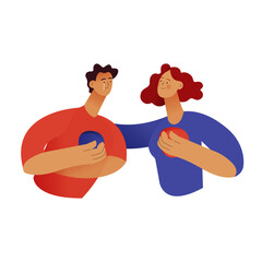 Empathy and friendship concept. Female comforting her male sad friend. Woman supports male with psychological problems. Modern vector flat illustration