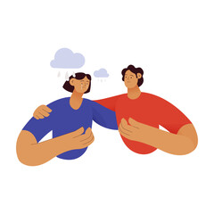 Empathy and friendship concept. Male comforting his female sad friend. Raining clouds. Man supports female with psychological problems. Modern vector flat illustration