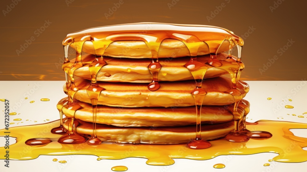 Poster a stack of pancakes sitting on top of a table covered in syrup and drizzled with caramel. generative