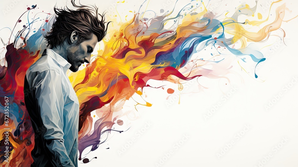 Poster a man standing in front of a white background with multicolored smoke coming out of his chest and ba