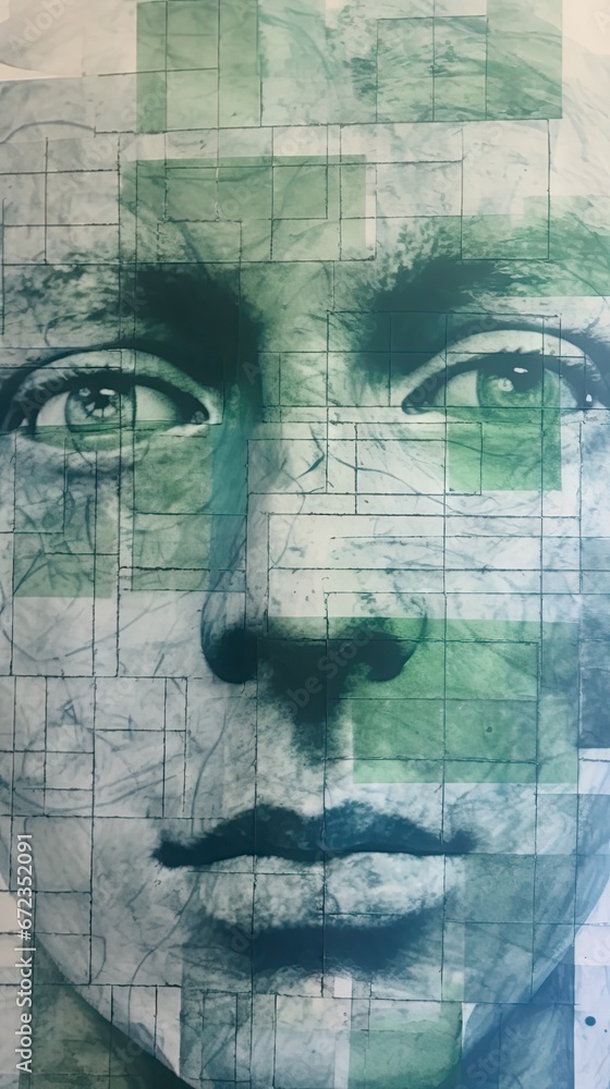 Poster a close up of a person's face with a grid pattern on the side of the face and a grid pattern on the 