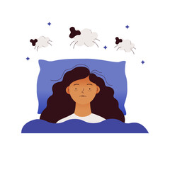 Young woman suffers from insomnia. Mental problems. Girl lying in bed, thinking about sheep, can not relax. Modern vector illustration isolated on white background