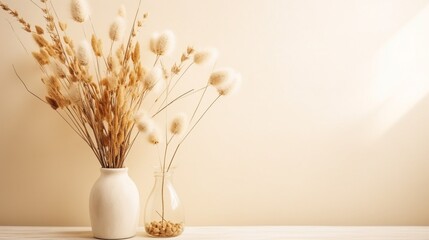 Stylish mockup with beige autumn dry flowers, fall concept. Minimal home still life background. 8k,