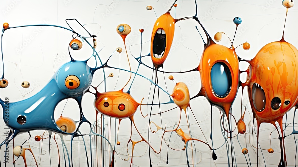 Poster a group of orange and blue objects floating on top of a body of water in front of a white wall. gene
