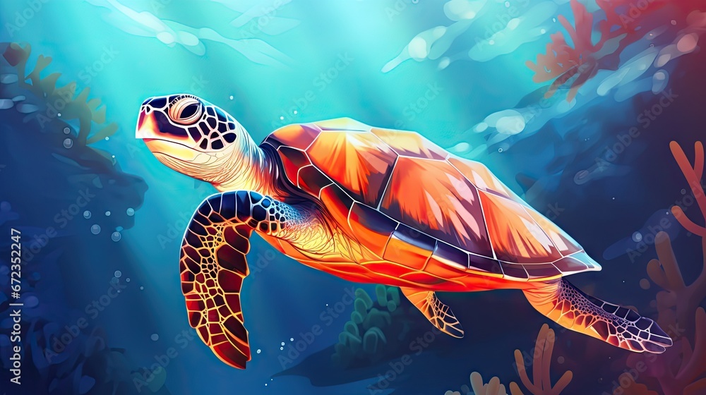 Poster a painting of a turtle swimming in the ocean with corals on the bottom of the water and corals on th