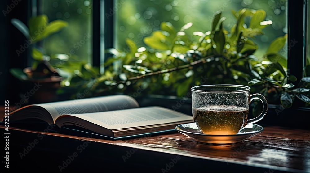 Aufkleber a cup of tea next to an open book on a window sill with a plant in the window sill. generative ai