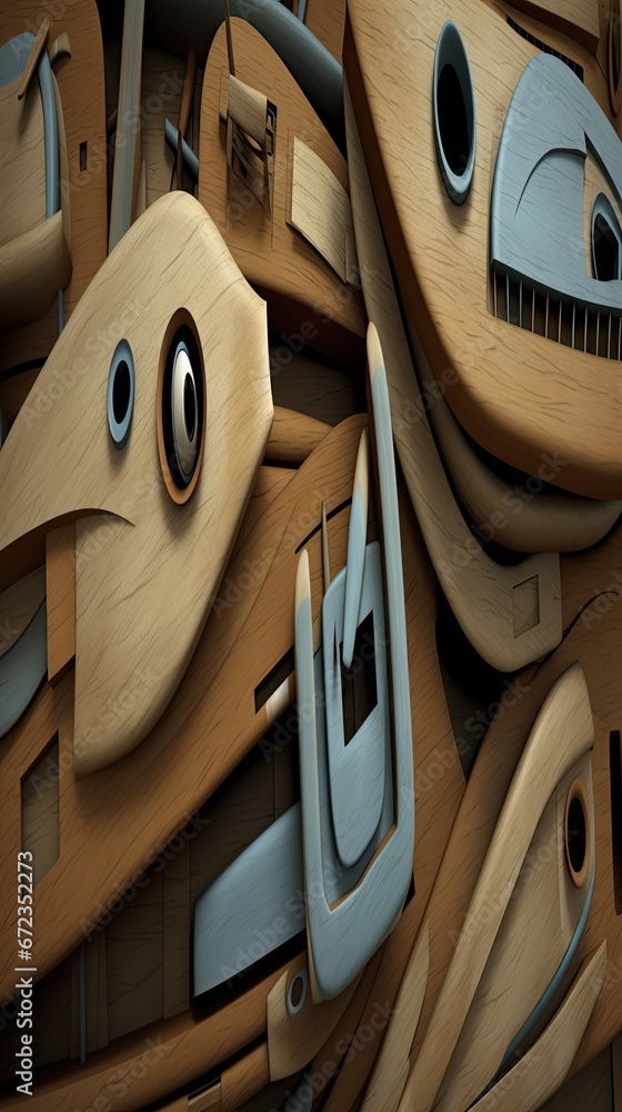 Poster a close up of a bunch of wooden objects with eyes and mouth shapes on them, with a computer mouse in