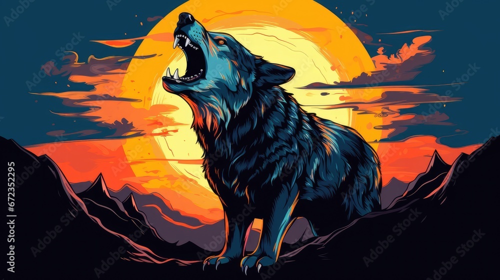 Poster a wolf standing on top of a mountain in front of a full moon with it's mouth wide open. generative a