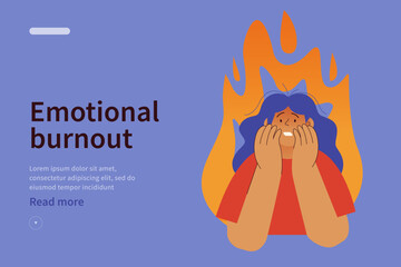 Emotional burnout syndrome website concept. Woman in stress under pressure, fire on the background. Mental disorder problems. Modern vector flat illustration