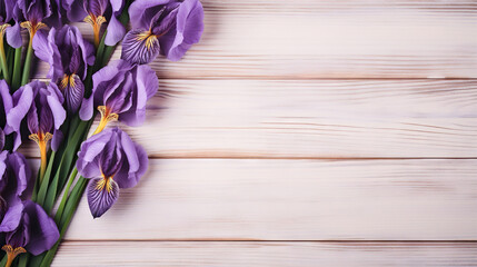  a bunch of purple flowers on a white wooden background with space for text.  generative ai