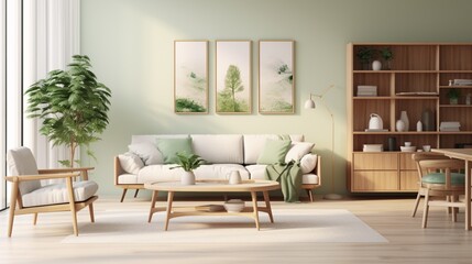 Stylish scandinavian living room with design mint sofa, furnitures, mock up poster map, plants and elegant personal accessories. Modern home decor. 