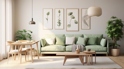 Stylish scandinavian living room with design mint sofa, furnitures, mock up poster map, plants and elegant personal accessories. Modern home decor. 