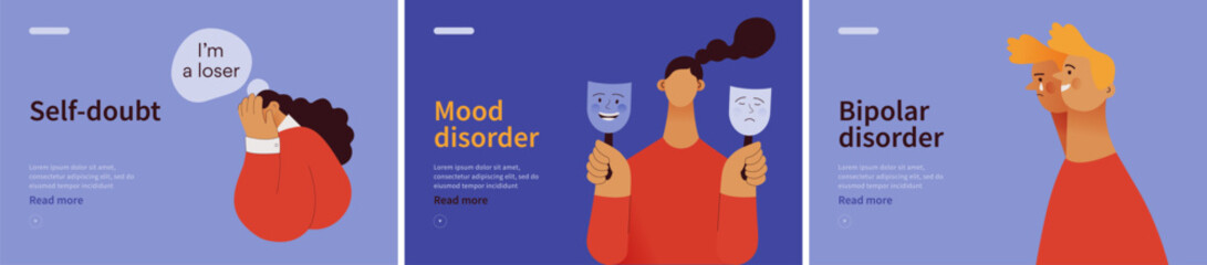 Collection of banners. Self doubt, Mood disorder, Bipolar disorder. Mental disorders. Modern flat vector illustrations  - obrazy, fototapety, plakaty