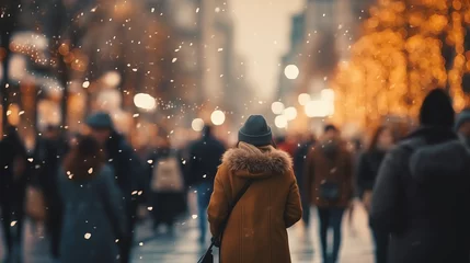 Foto op Plexiglas IA, ambiance de fête de noël avec des gens qui marchent dans la rue, neige et lumières floues © nyothep