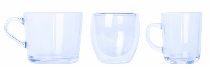 Set of empty blue glasses of various shapes isolated on white background