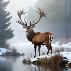 A beautiful red deer with big antlers in winter in the forest near the river on a foggy morning
