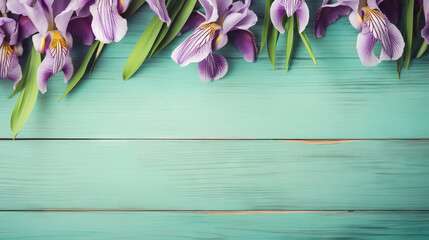  a bunch of purple flowers on a blue wooden background with space for text.  generative ai